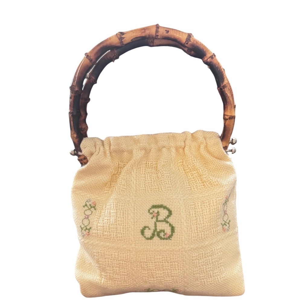 Vintage Woven Cream Handbag Bamboo Handles Floral Cross Stitch Initial B EUC 9x8